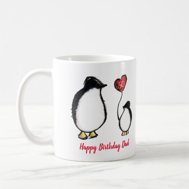 Caneca De Café Pinguim-pai 50º ou qualquer cartão de aniversário (Esquerda)