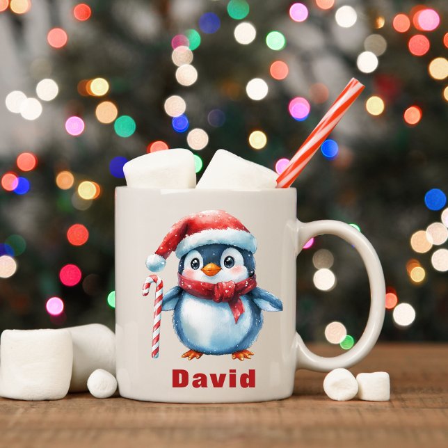 Caneca De Café Pinguim Personalizado com Nome Personalizado Candy (Personalized Penguin with Candy Cane Custom Name Coffee Mug
)