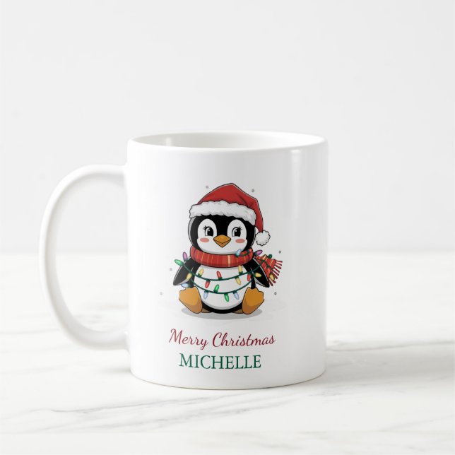 Caneca De Café Pinguim Personalizado no Natal de Santa Hat (Esquerda)