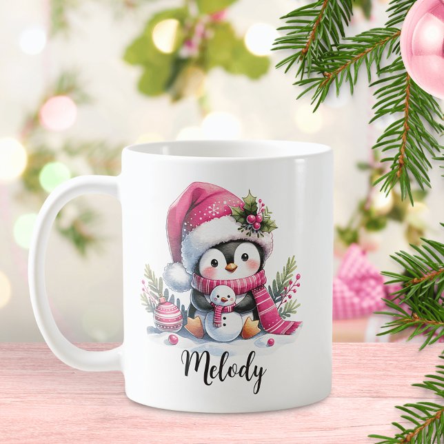 Caneca De Café Pinguim-Rosa-Rosa-Natal Bonito Personalizado (Criador carregado)