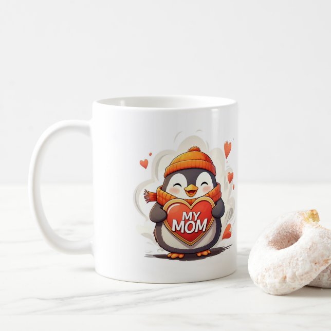 Caneca De Café Pinguim sorridente segurando sinal de coração "MY  (Com Donut)