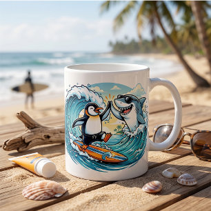 Caneca De Café Pinguim Surfista e Tubarão Cumprimentam-se com um