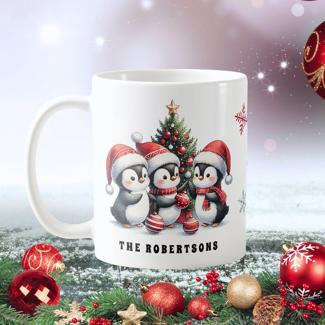 Caneca De Café Pinguins bonitos no Natal da Família Red Santa Hat (Criador carregado)