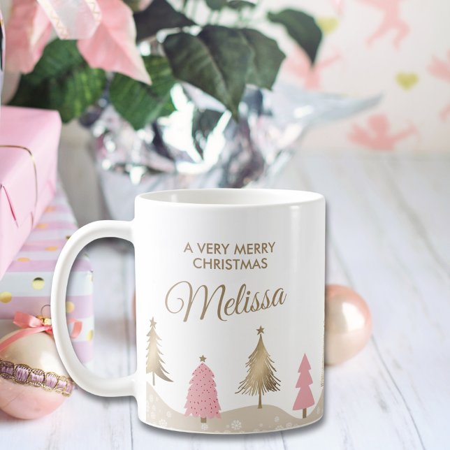 Caneca De Café Pinheira Dourada rosa Elegante Feliz Natal (Criador carregado)