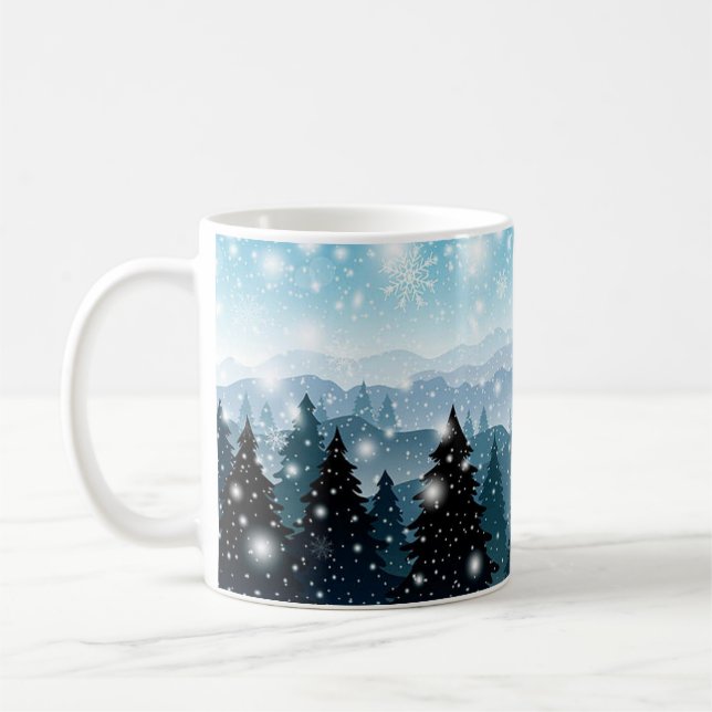 Caneca De Café Pinheiros de neve festiva de inverno de Natal (Esquerda)