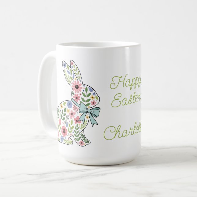 Caneca De Café Pink and Blue Wildflower Easter Rabbits (Frente Esquerda)