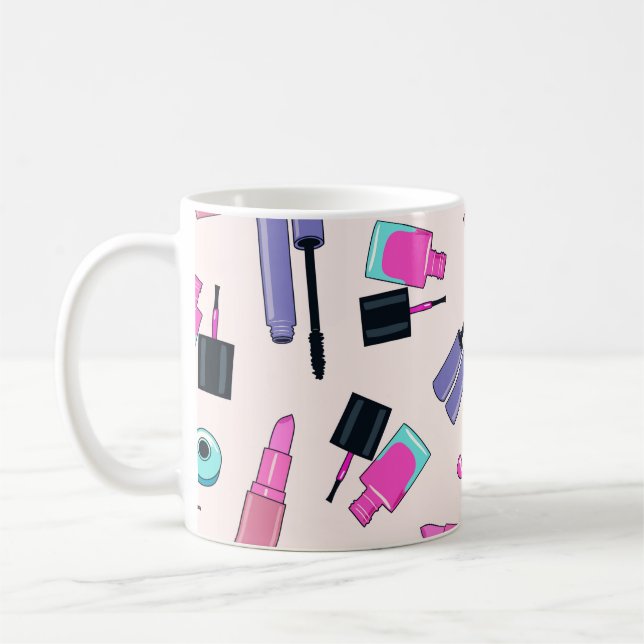 Caneca De Café Pink and Purple Make Up Cosmetics Pattern (Esquerda)