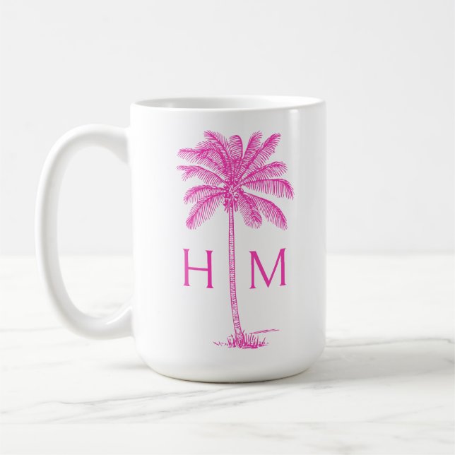Caneca De Café  Pink and White Palm Palmetto Tree Monogram (Esquerda)