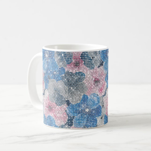 Caneca De Café Pink Blue Flowers Sparkle (Frente Esquerda)