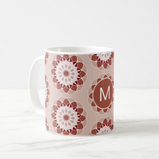 Caneca De Café Pink Burgundy Floral Mandala Pattern Monogram (Frente Esquerda)