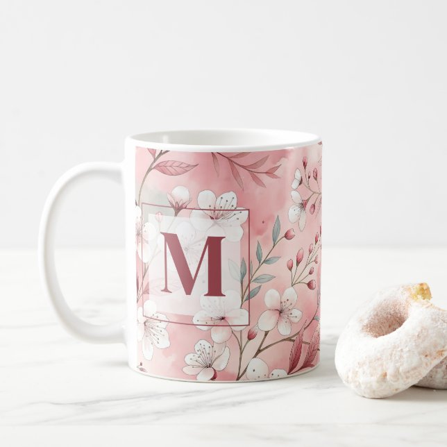 Caneca De Café Pink cherry blossom monogram (Com Donut)