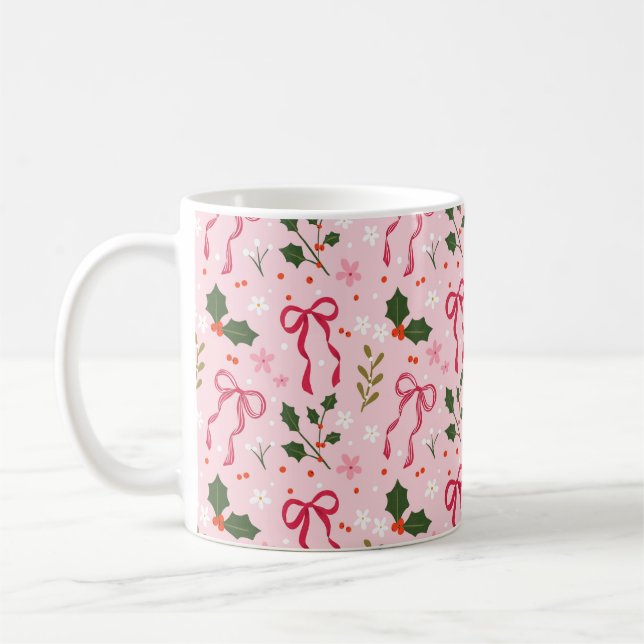 Caneca De Café Pink Christmas Holly Bow Mug (Esquerda)