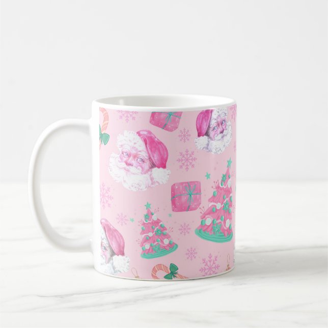 Caneca De Café Pink Christmas Santa Clau & Tree Seamless Pattern (Esquerda)