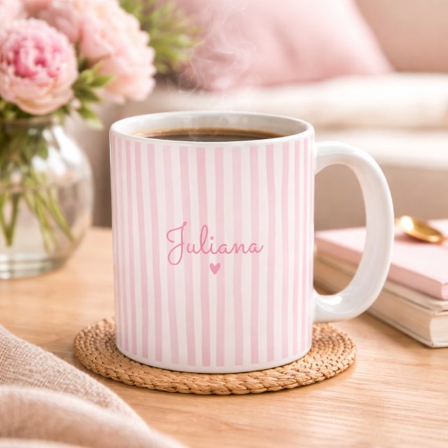 Caneca De Café Pink Custom Name Striped Cup Gift For Her  (Criador carregado)