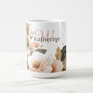 Caneca De Café Pink Elegante e Dourada Frota Floral, Nome Persona
