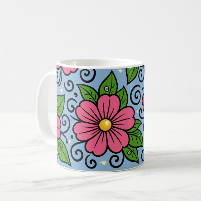 Caneca De Café Pink Florals with Green Leaves and Curved Details (Frente Esquerda)