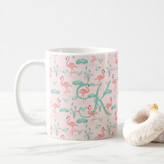 Caneca De Café Pink Green Flamingo Monogram Tropical Birds
