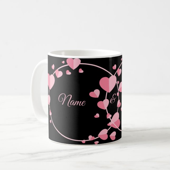 Caneca De Café Pink Heart Black Geometric Wedding Party Elegant (Frente Esquerda)