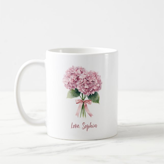 Caneca De Café Pink Hydrangea Spring Flower Floral Custom Name (Esquerda)