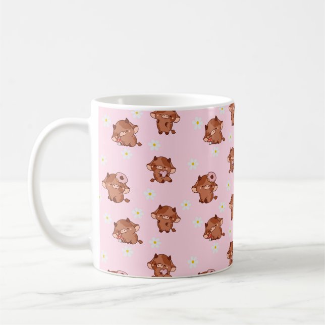 Caneca De Café Pink Kawaii Highland Cows Seamless Pattern (Esquerda)