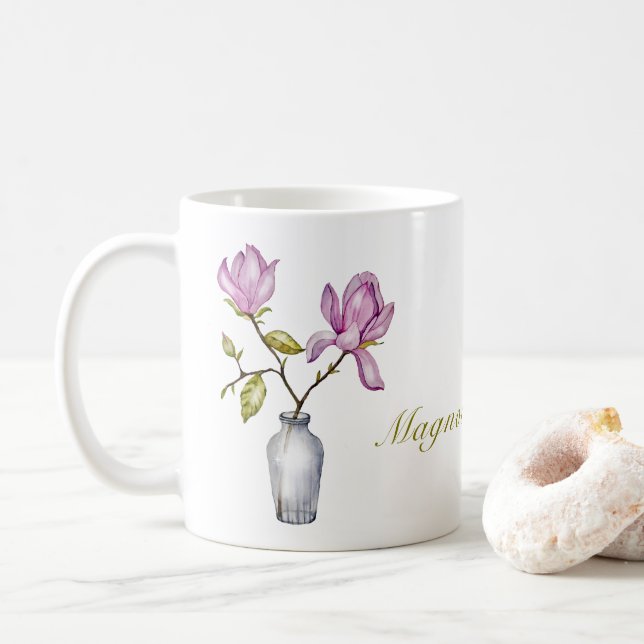Caneca De Café Pink Magnolia Watercolor Botanical (Com Donut)