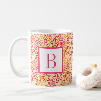 Caneca De Café Pink Orange Retro Daisy Flowers Initial Monogram