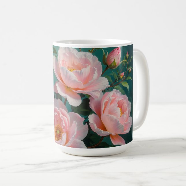 Caneca De Café Pink Peonies Artwork on Emerald Green (Frente Esquerda)