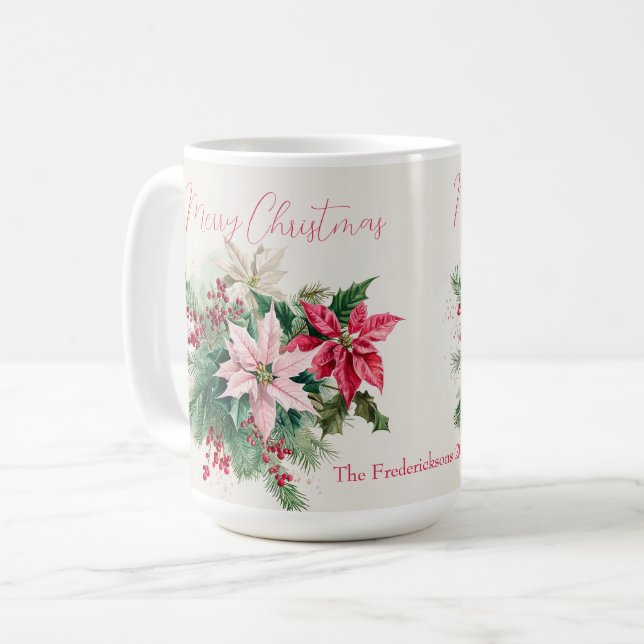 Caneca De Café Pink Poinsettias Elegante Natal (Frente Esquerda)
