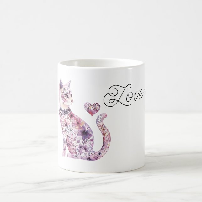 Caneca De Café Pink Purple Blush Flowers Heart Love Cat (Centro)