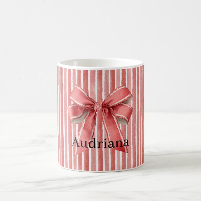 Caneca De Café Pink Red Candy Cane Stripes Bow (Centro)