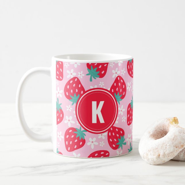 Caneca De Café Pink Red Strawberries Floral  Pattern Monogram (Com Donut)