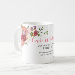Caneca De Café Pink & Rosa Watercolor Peony Flói Nosso Casamento