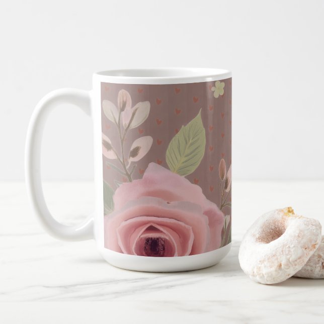 Caneca De Café Pink Rose With Typography (Com Donut)