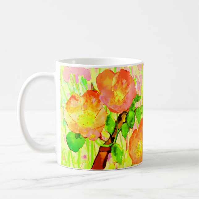 Caneca De Café Pink Sweet Briar Flowers Leaves Branch (Esquerda)