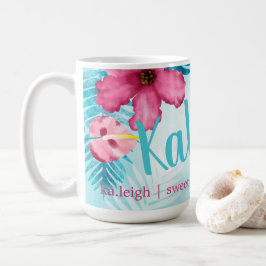 Caneca De Café Pink, Turquoise Hibiscus - Mug de Café Personaliza