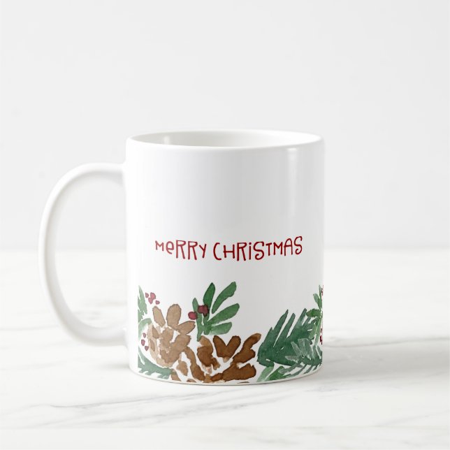 Caneca De Café Pinos de Aquarela Borda Feliz Natal (Esquerda)