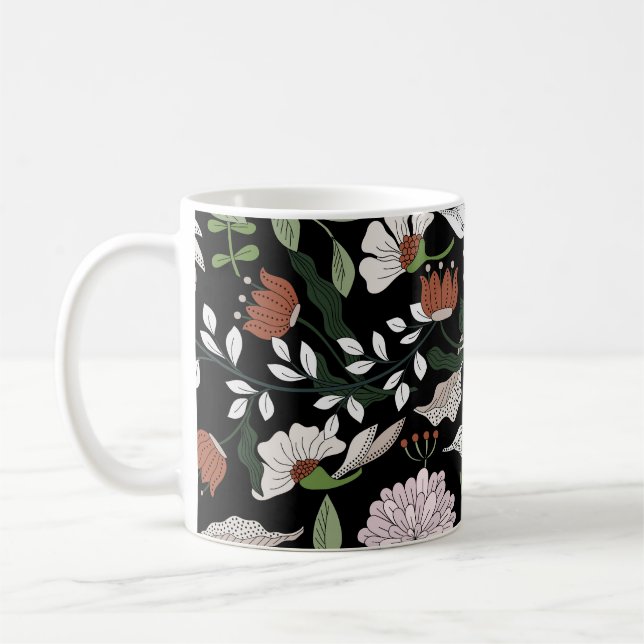 Caneca De Café Pintadas Mãos Antigas Flores De Engrenagem (Esquerda)