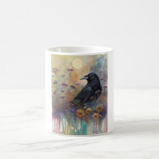 Caneca De Café Pintado à Mão Raven com Flores Selvagens (Centro)
