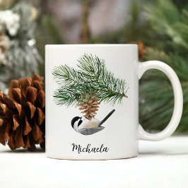 Caneca De Café Pintassilgo de Inverno em Aquarela no Cone de Pinh