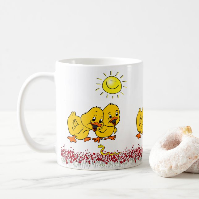 Caneca De Café Pintinho Amarelo Verme Floral (Com Donut)