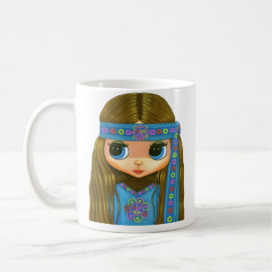 Caneca De Café Pintinho de Hippie em Azul - Sinal de Paz de Olhos