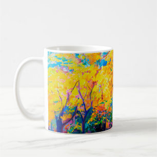Caneca De Café pintura a óleo na canvas. Árvores amarelas. Arte
