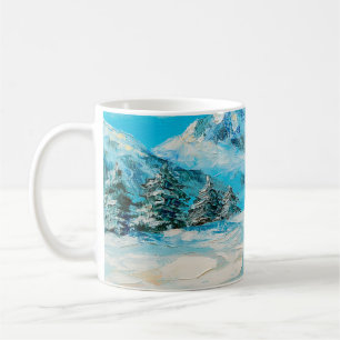 Caneca De Café  pintura a óleo, paisagem de montanha de inverno c