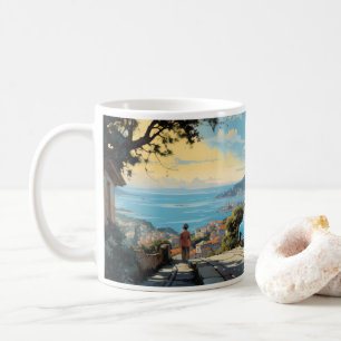 Caneca De Café Pintura a Óleo Vintage de Carro Azul e a Vila