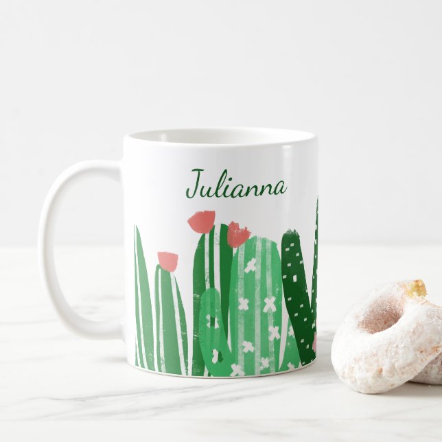 Caneca De Café Pintura de Boho Cactus em Verde Personalizado (Com Donut)