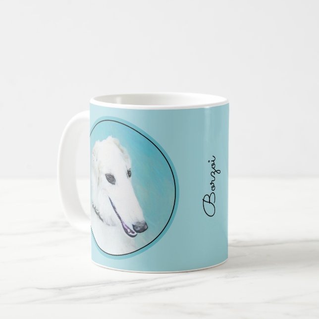 Caneca De Café Pintura de Borzoi (branca) - Arte de Cachorro Orig (Frente Esquerda)