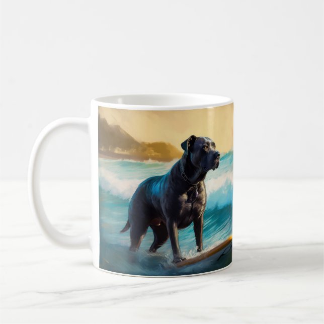 Caneca De Café Pintura de Cane Corso na Praia Surfando (Esquerda)