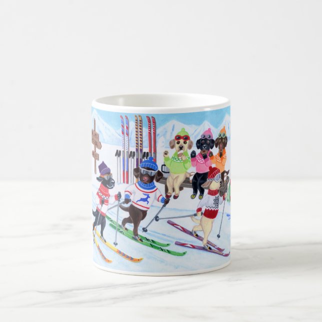 Caneca De Café Pintura de esqui nórdica de Labradors (Centro)