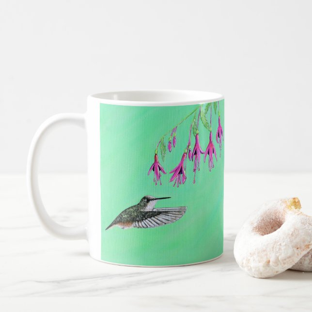 Caneca De Café Pintura de Hummingbird e Fuchsia (Com Donut)