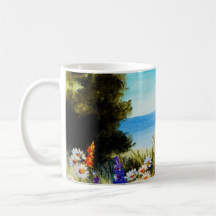 Caneca De Café pintura de óleo de flores perto do mar, campo de c